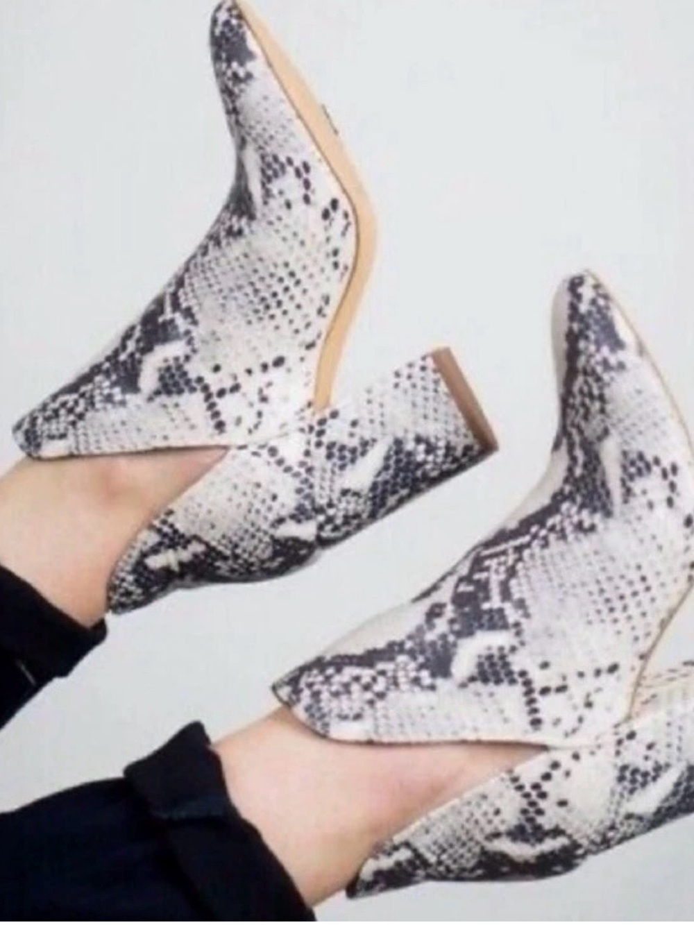 Steve Madden White and Black Snake-Print Pointed Ankle Booties